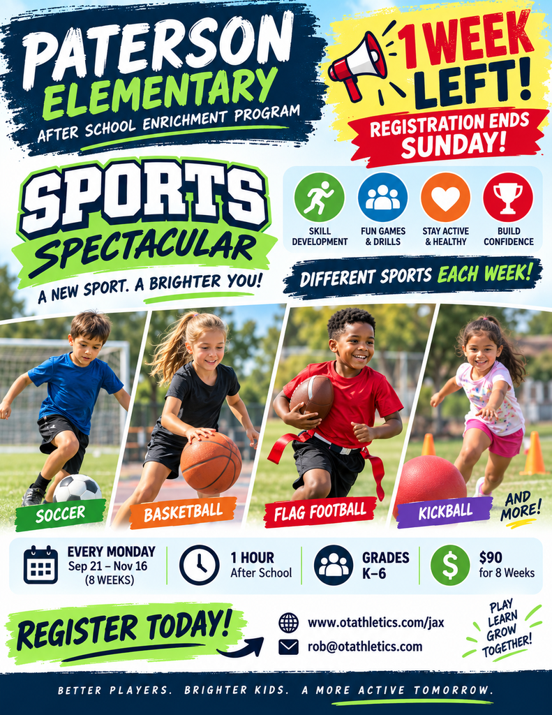 ⏰ LAST CALL FOR FUN! ⚽🏀🏈 Don't forget—the Sports Spectacular after-school program with Overtime Athletics starts this Monday, September 21st at Paterson! If you haven't registered your young athlete yet, there's still time to secure their spot for an awesome season of multi-sport fun, skills, and teamwork. Quick Recap: 🗓️ Dates: September 21st – November 6th 📍 Location: Paterson 🔗 Register: Grab your spot now at www.otaathletics.com/jax
