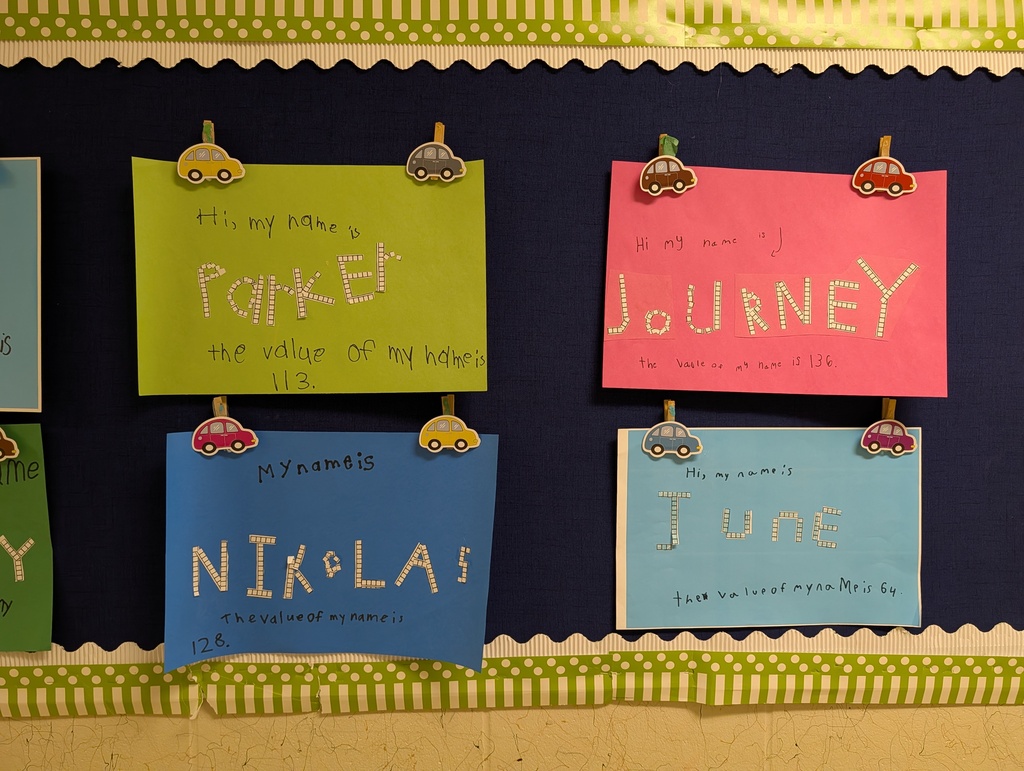 A bulletin board displays six colorful signs, each with a name and a word or phrase. The signs are attached with clips.