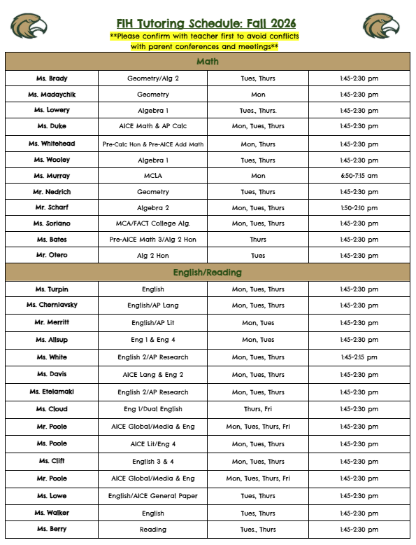 Tutoring Schedule