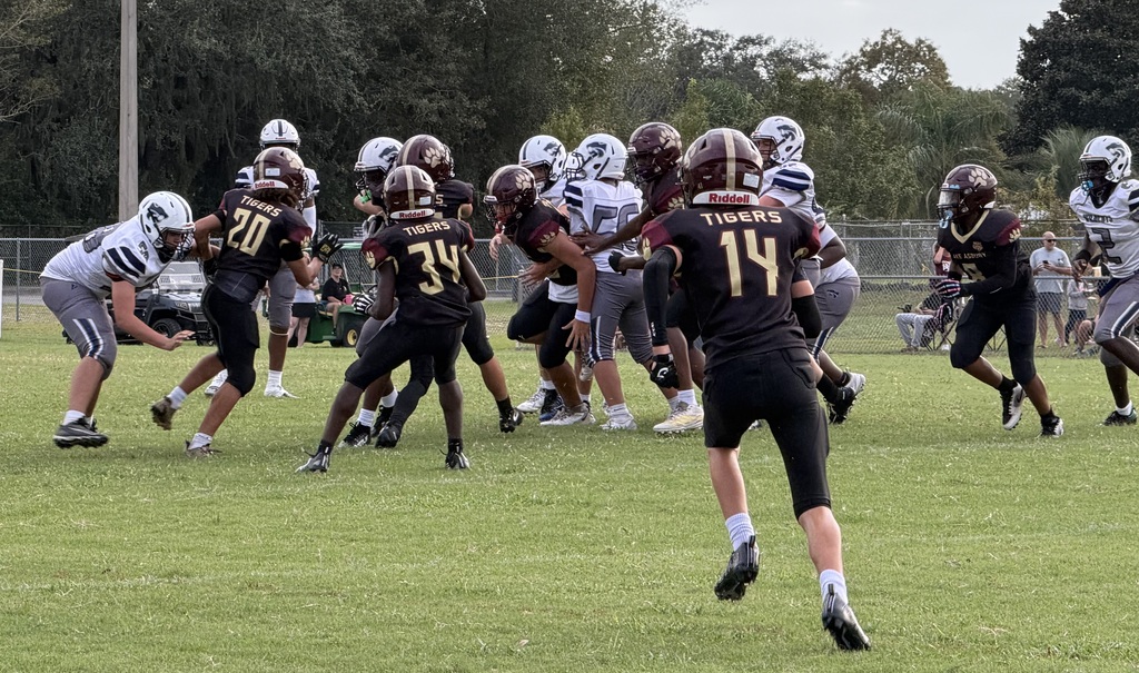 A group of football players wearing black jerseys, helmets, and sneakers is playing on a grassy field.