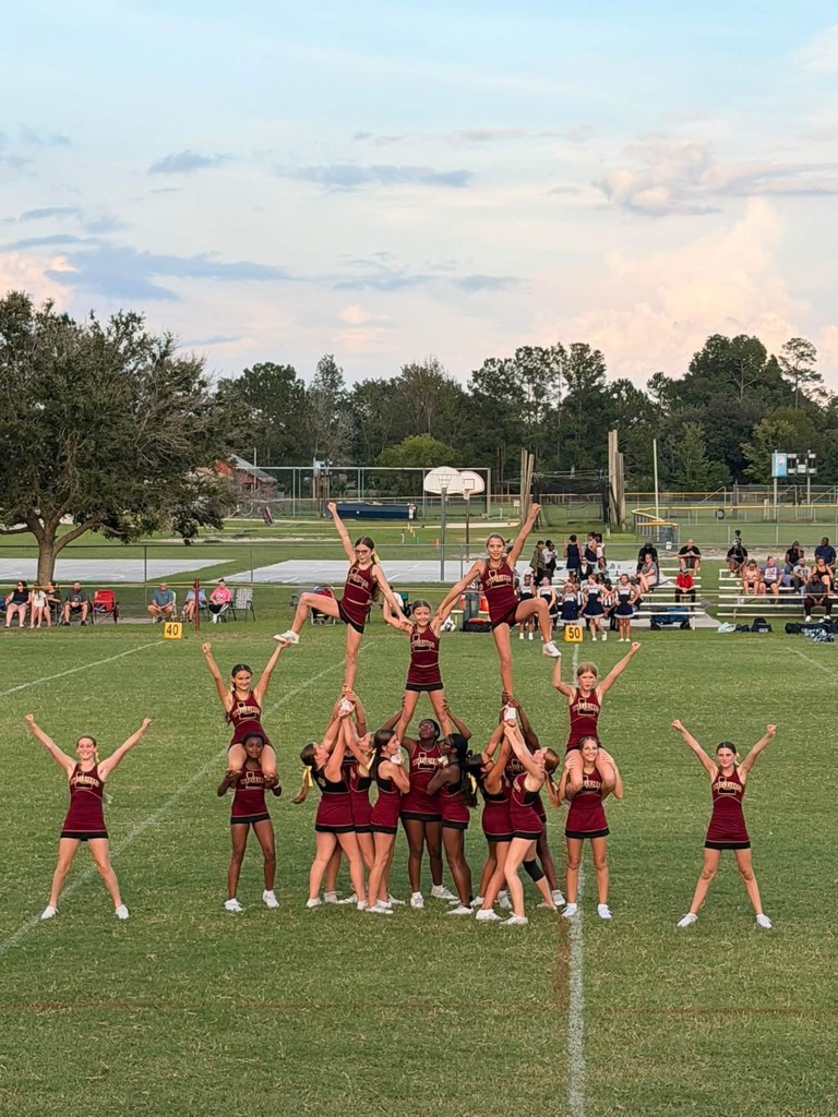 Team performing a cheerleading pyramid stunt on a field with bleachers and trees in the background.