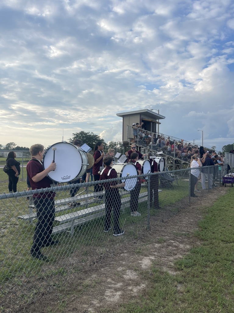 A band stands behind a fence at a stadium, playing drums with people seated in the background.