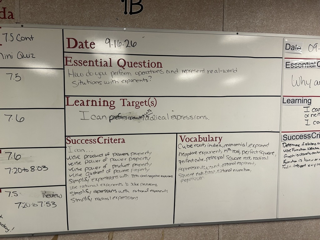A whiteboard shows sections titled "Essential Question," "Learning Targets(s)," "Success Criteria," and "Vocabulary" with corresponding dates and content.