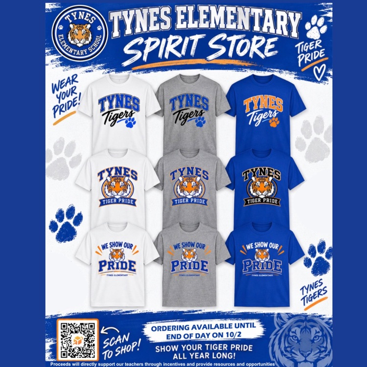 Our Tynes Spirit Store is OFFICIALLY OPEN!  Spread the word, choose your favorite Tynes shirt, and show our school some love! Whether you’re rocking it at school, around town, or cheering on our Tigers, we want to see that Tynes spirit everywhere!