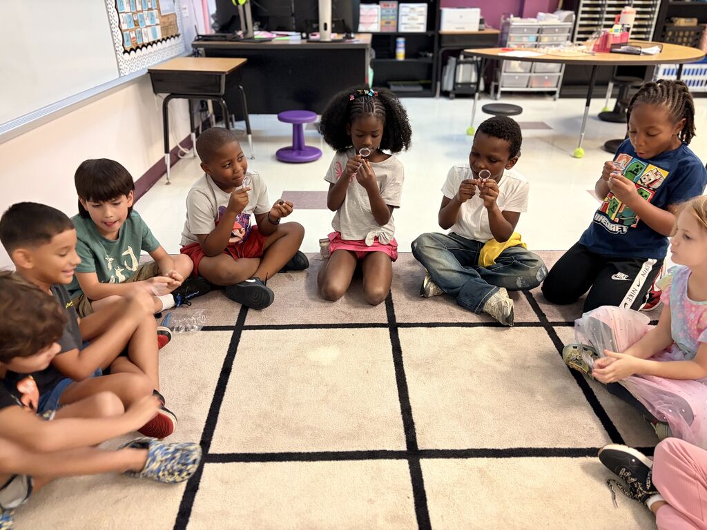 Students using a hand lens to observe  rocks.