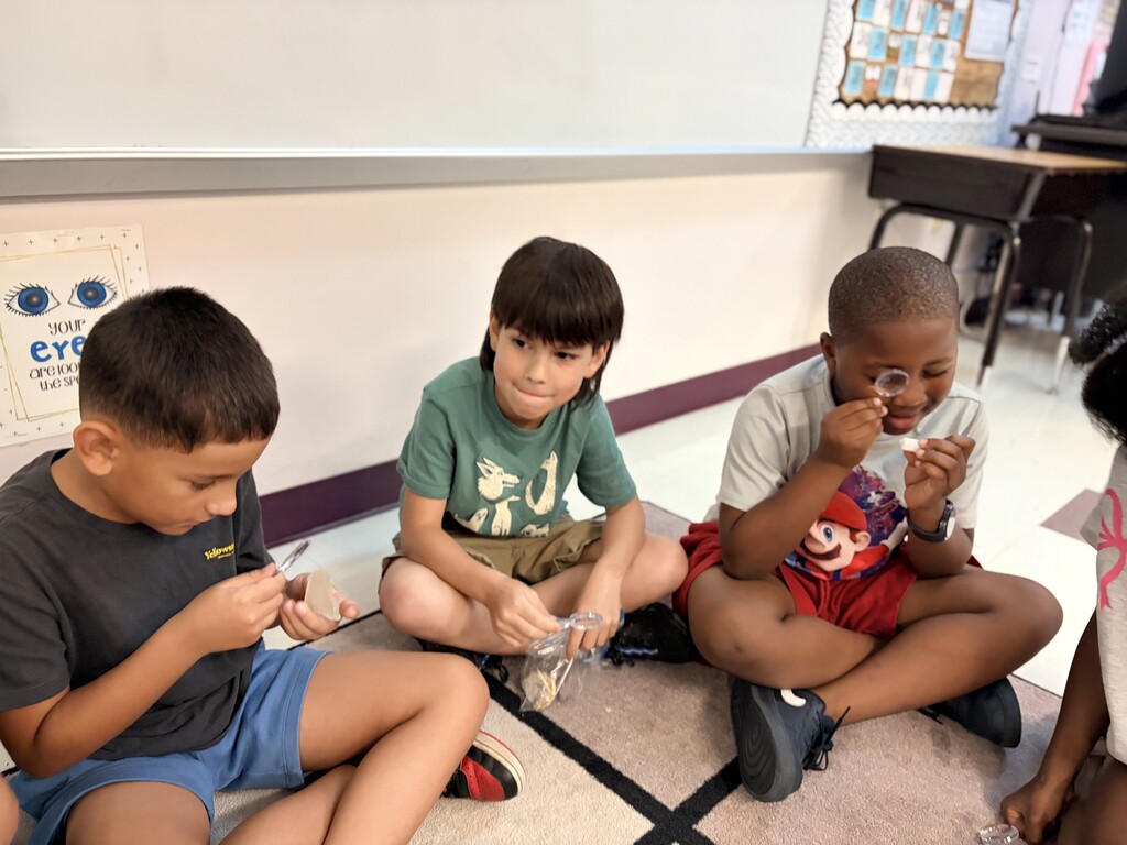 Students using a hand lens to observe rocks.