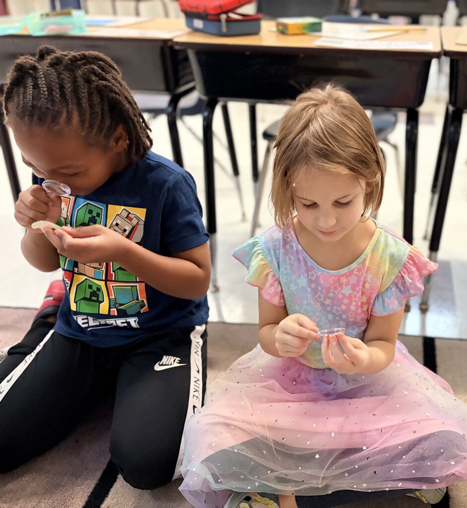 Students using a hand lens to observe rocks.