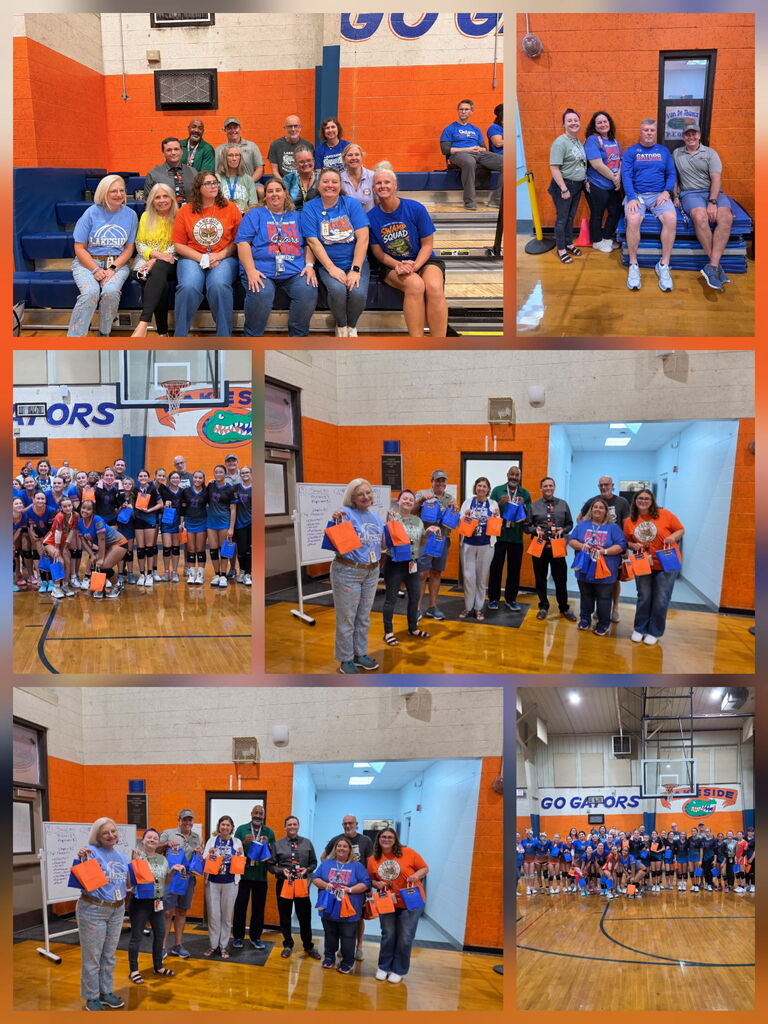 Four panels of a group in a gym. The first row shows people sitting and standing on bleachers.