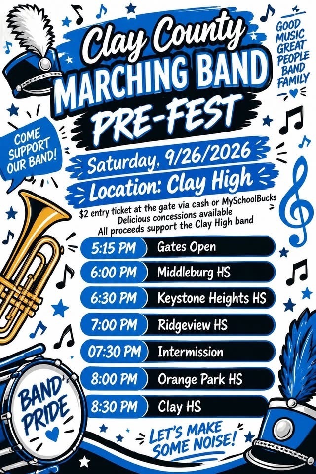 An event poster for the Clay County Marching Band Pre-Fest. It features musical notes, instruments, and schools' names.