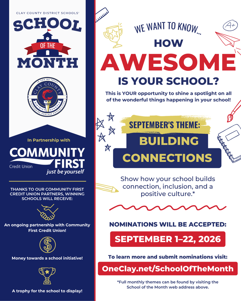 Blue and white flyer for School of the Month. It features the theme "Building Connections" and the dates September 1–22, 2026.