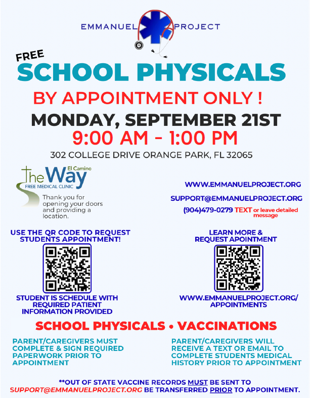 Event flyer for school physicals by appointment. QR code for requests and information. Location: 302 College Drive, Orange Park, FL.