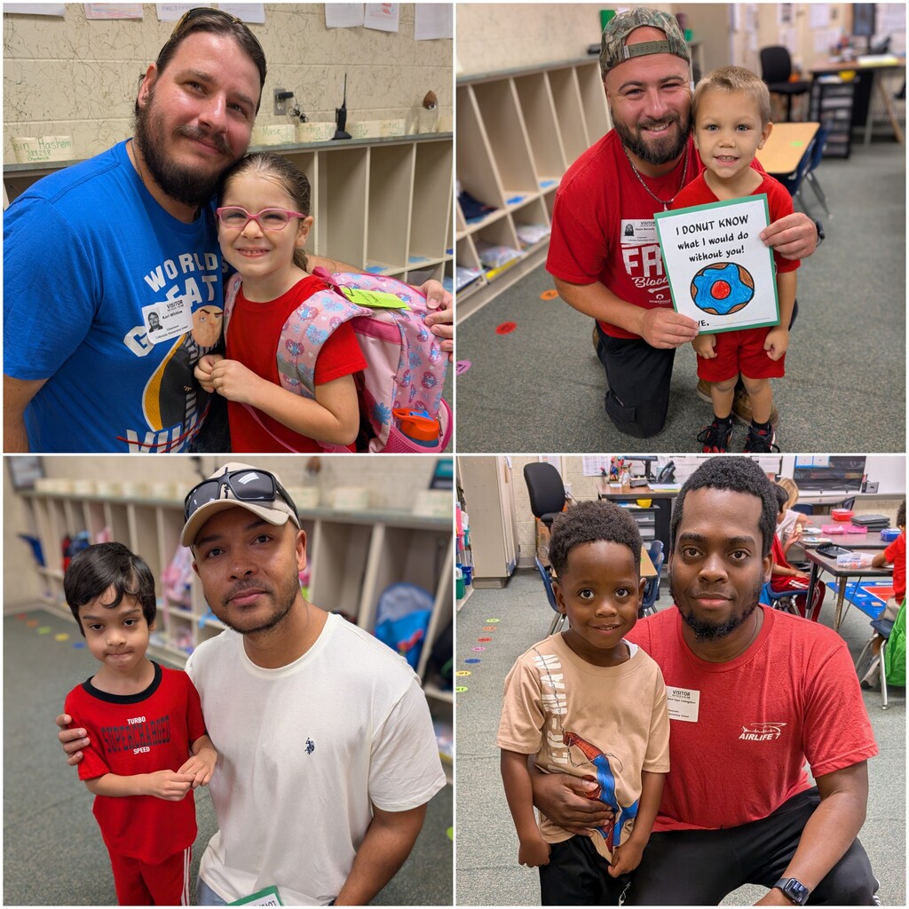 Four images show adults and children in a classroom. Each adult poses with a child. One child has glasses and a backpack.