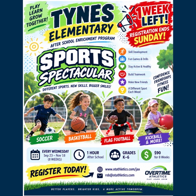 There’s still time to register for Tynes Elementary’s Sports Spectacular! Students will enjoy a different sport each week while building skills, teamwork, confidence, and friendships! ⚽️🏀🏈  Registration ends THIS SUNDAY—don’t miss out!