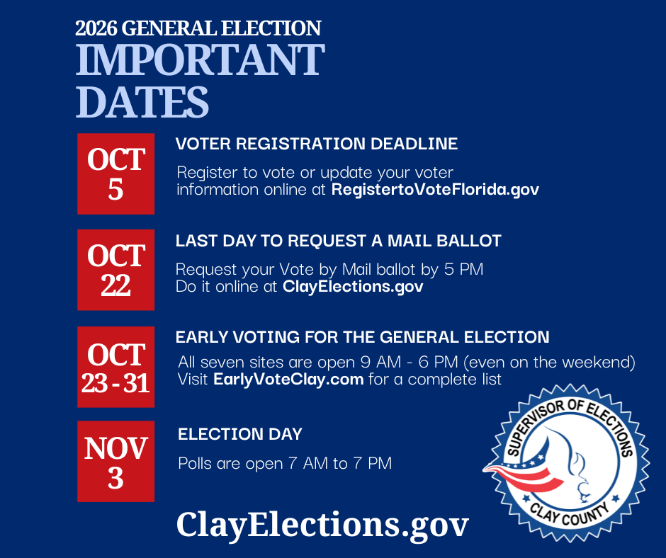 Blue background with white text and red boxes. Dates: Oct 5, Oct 22, Oct 23-31, Nov 3. Text includes deadlines for voter registration, mail ballot request, early voting, and Election Day.
