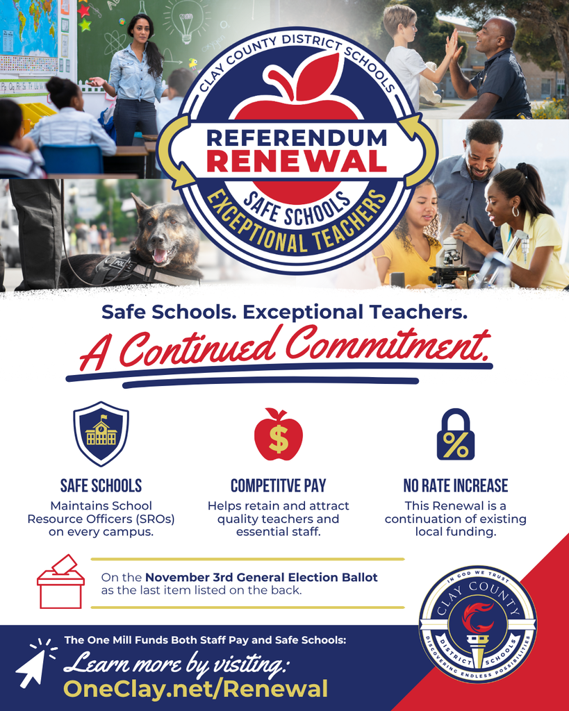 A poster features several images of people in various settings and text. It highlights safe schools and exceptional teachers.