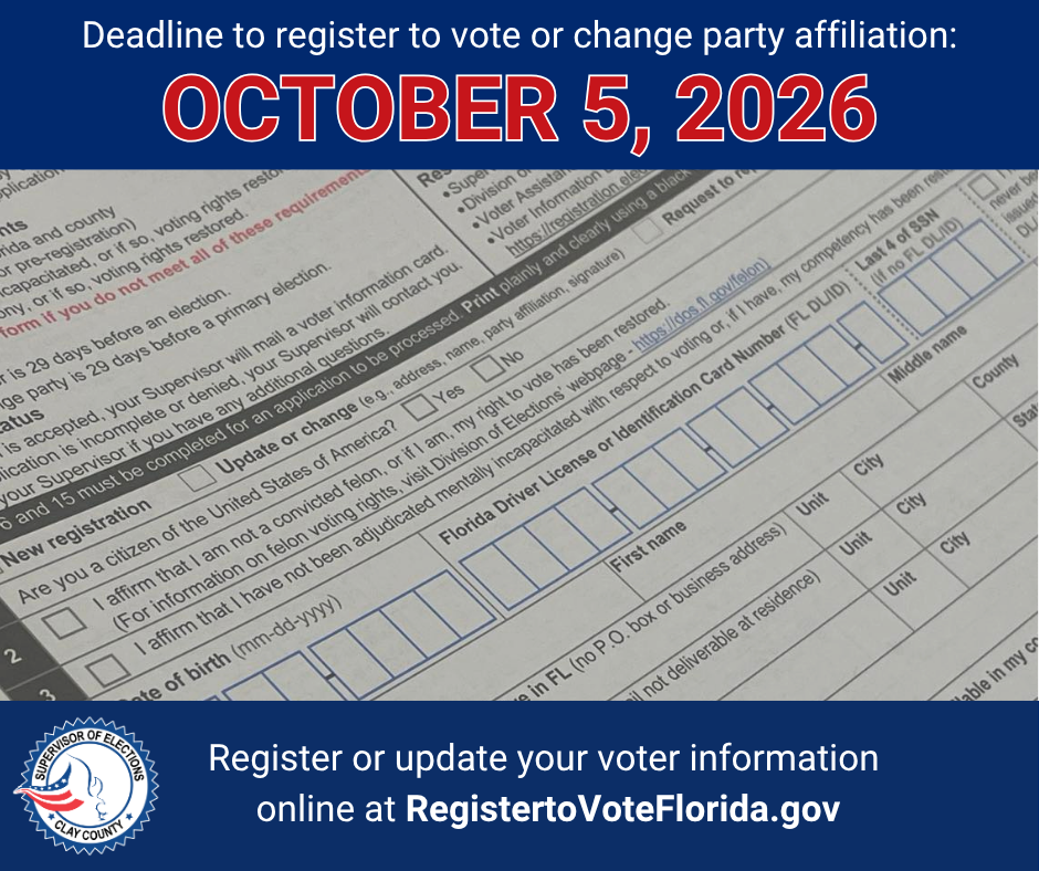 Text on a blue background. The date, October 5, 2026, is in red. A close up of a voter registration form is on top of the date.