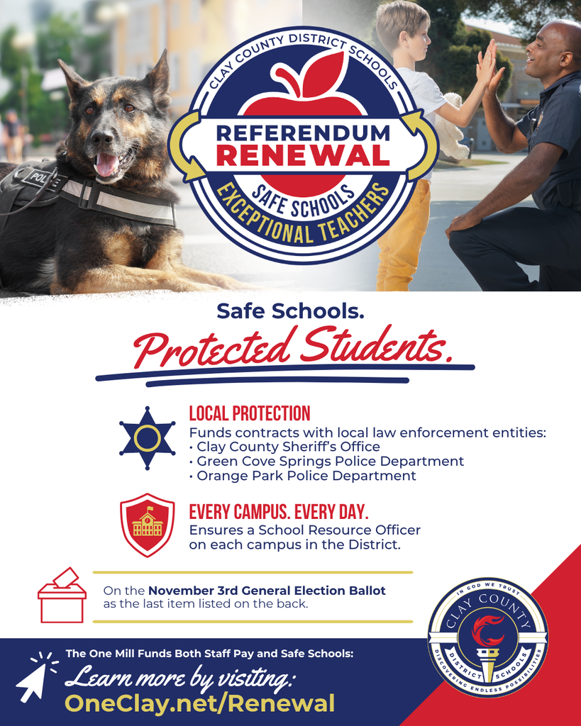 A flyer displays a police officer with a child, a German Shepherd, and a badge. Text reads "Referendum Renewal" and "Safe Schools."