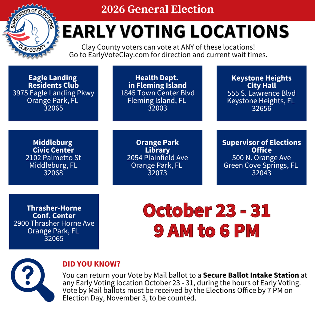 Flyer with "2026 General Election Early Voting Locations" title. List of locations and dates, 9 AM to 6 PM.