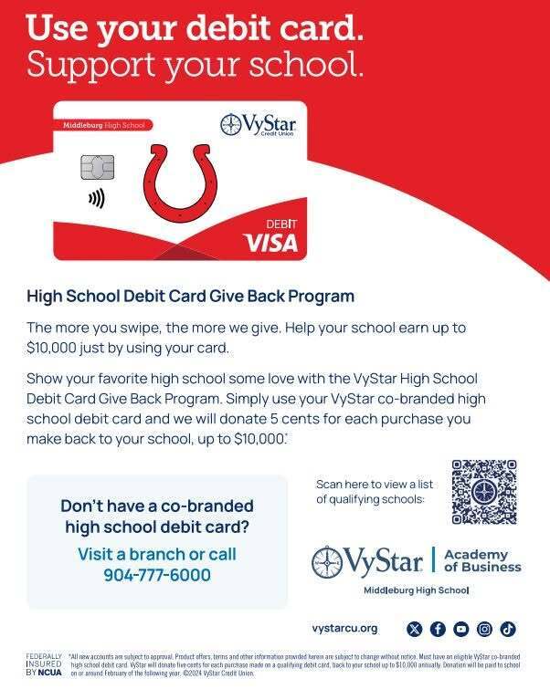 A promotional flyer for VyStar High School Debit Card. Red and white background. Offers $10,000 for schools. Features a co-branded debit card with VyStar logo.
