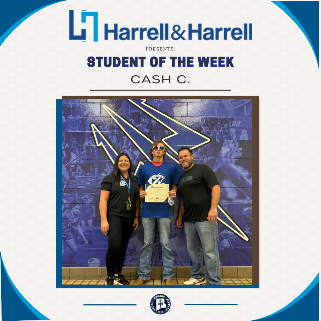 Three individuals stand in front of a backdrop; the middle holds a certificate. The text reads "Student of the Week: Cash C."