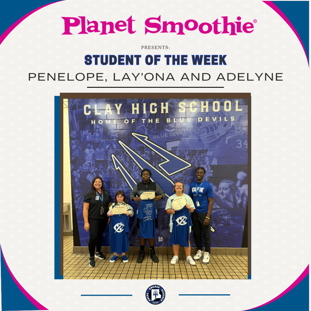 Five students stand together in front of a Clay High School banner. Three hold certificates.