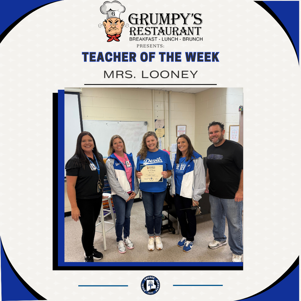 Five people in a room, one holding a certificate labeled "Teacher of the Week." Four adults and one child.