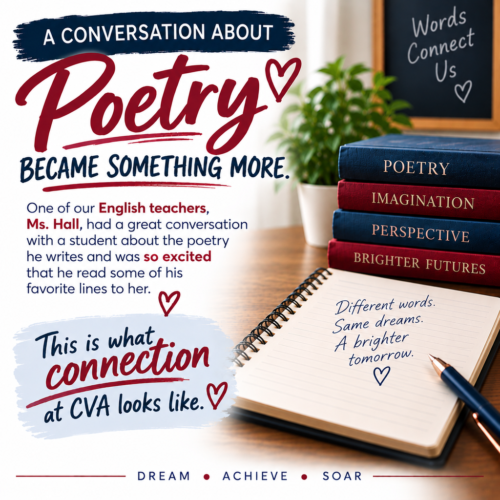 A table with books and a notebook with writing, a pen, and a potted plant. Words "Poetry Became Something More" and "Words Connect Us."