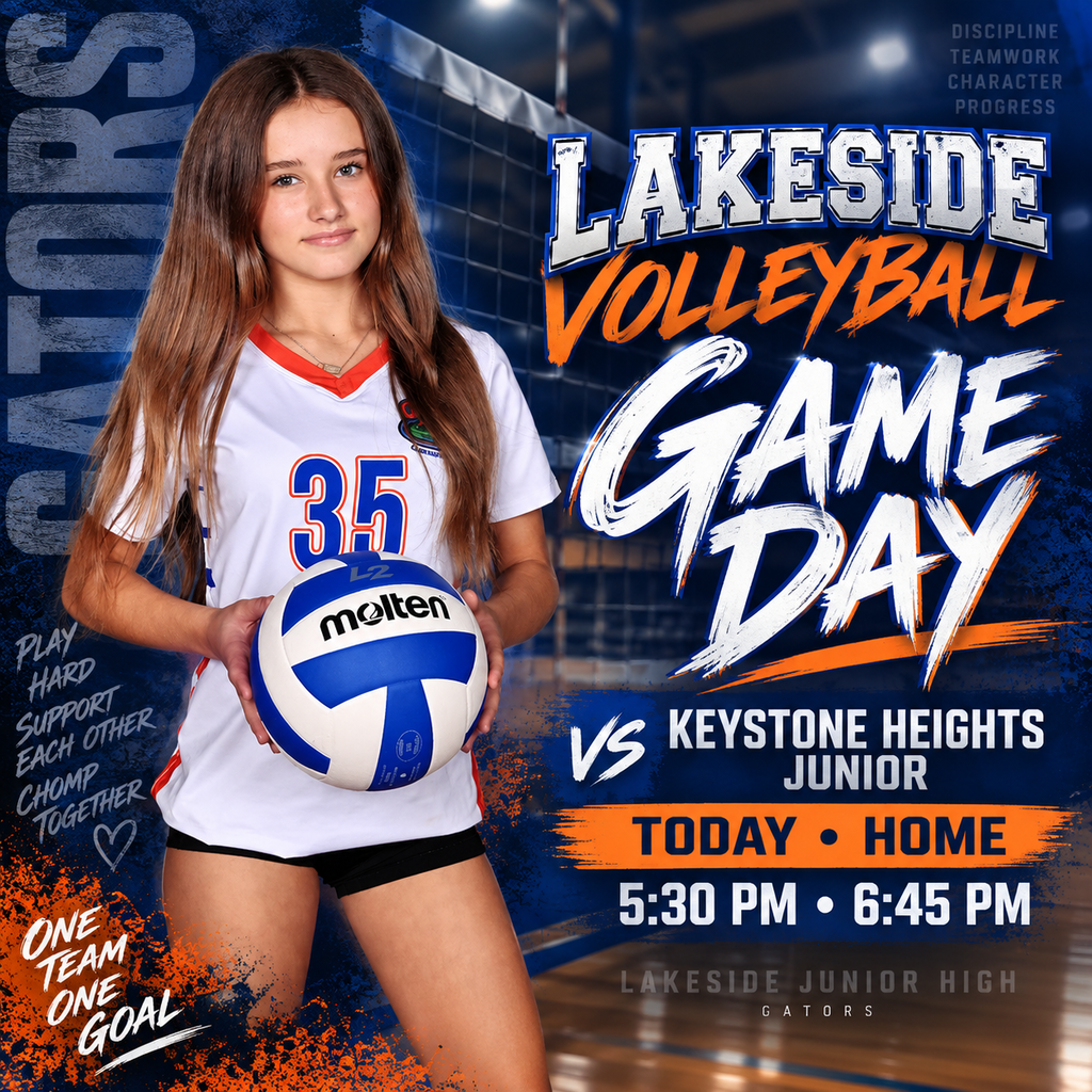A woman stands in a sports uniform holding a ball. Text reads: "Lakeside Volleyball Game Day vs. Keystone Heights Junior Today Home."