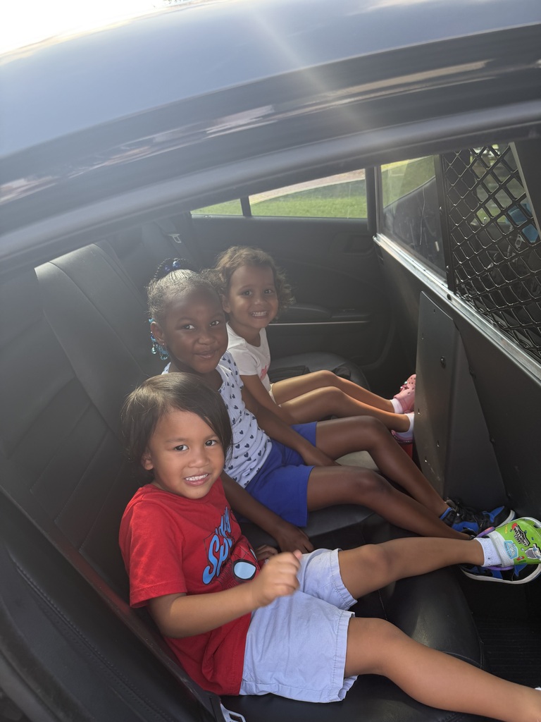 Three children sit in the back of a police car. 