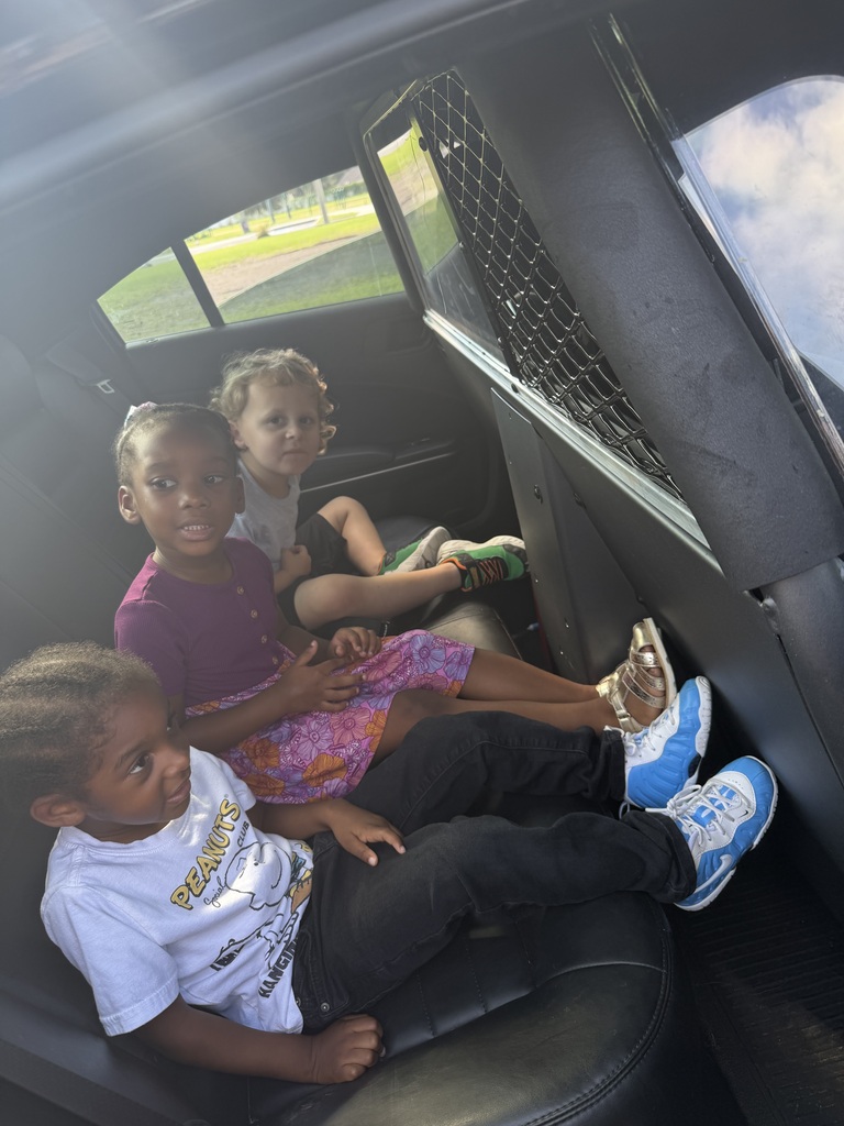 Three children in a police car. One sits in the middle, another on the right, and a third on the left.
