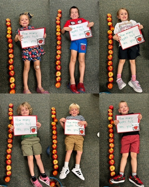 Multiple children holding signs with "How many apples can you see?" and various answers. They are lying on the ground next to an apple-themed background.