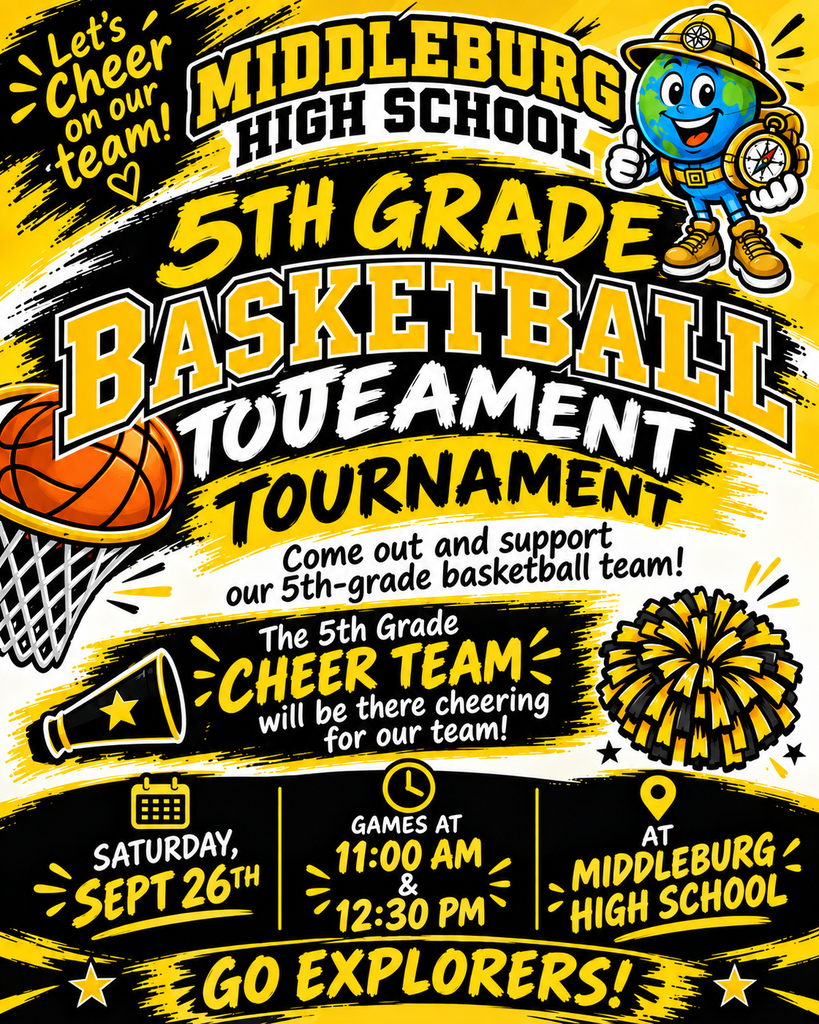 Poster for Middleburg High School 5th Grade Basketball Tournament. It includes the date, time, and location.