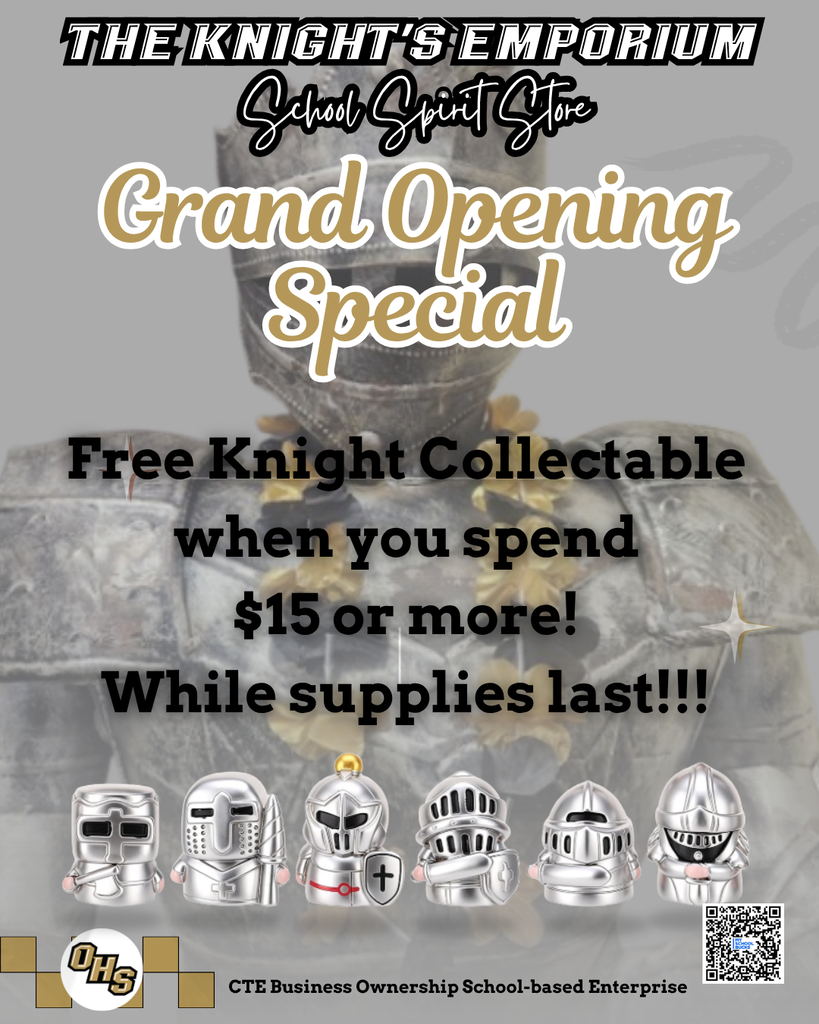 A poster with a knight's armor graphic. Text reads: "Free Knight Collectible when you spend $15 or more! While supplies last!!!"