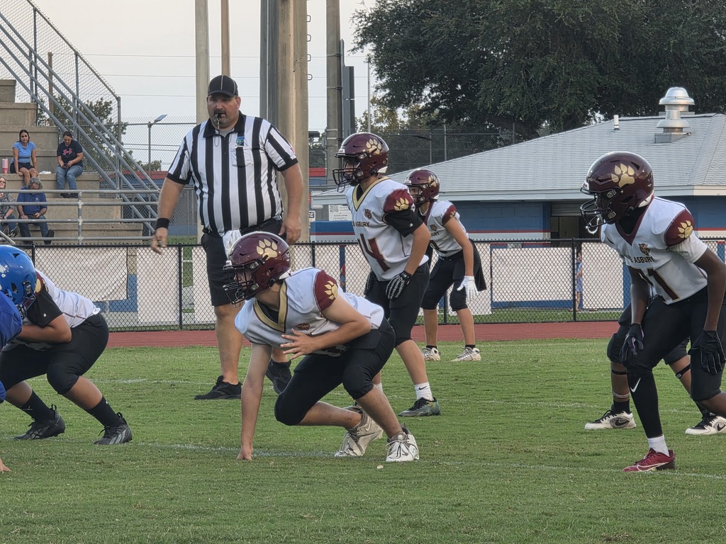 On a football field, players in helmets and sneakers line up. A referee in a striped shirt stands in the background.