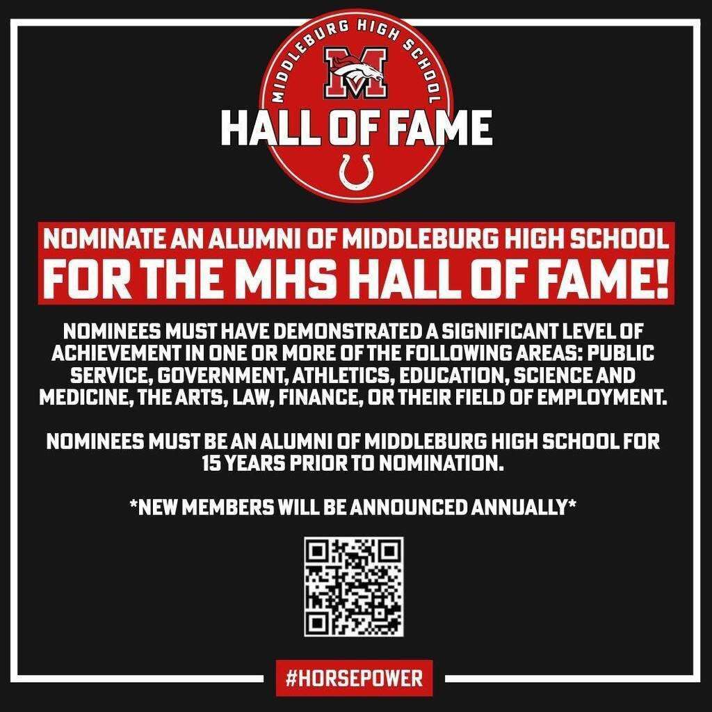 A poster on black background invites nominations for Middleburg High School's Hall of Fame. Nominees must be alumni for 15 years.