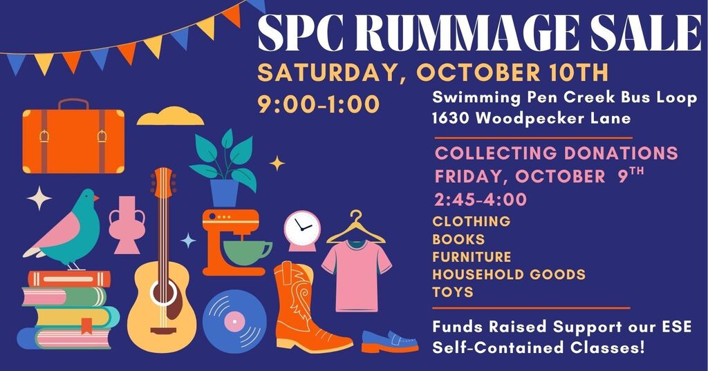 Blue background with colorful icons including a guitar, books, and toys. Event details for SPC Rummage Sale on October 10th and donations on October 9th.
