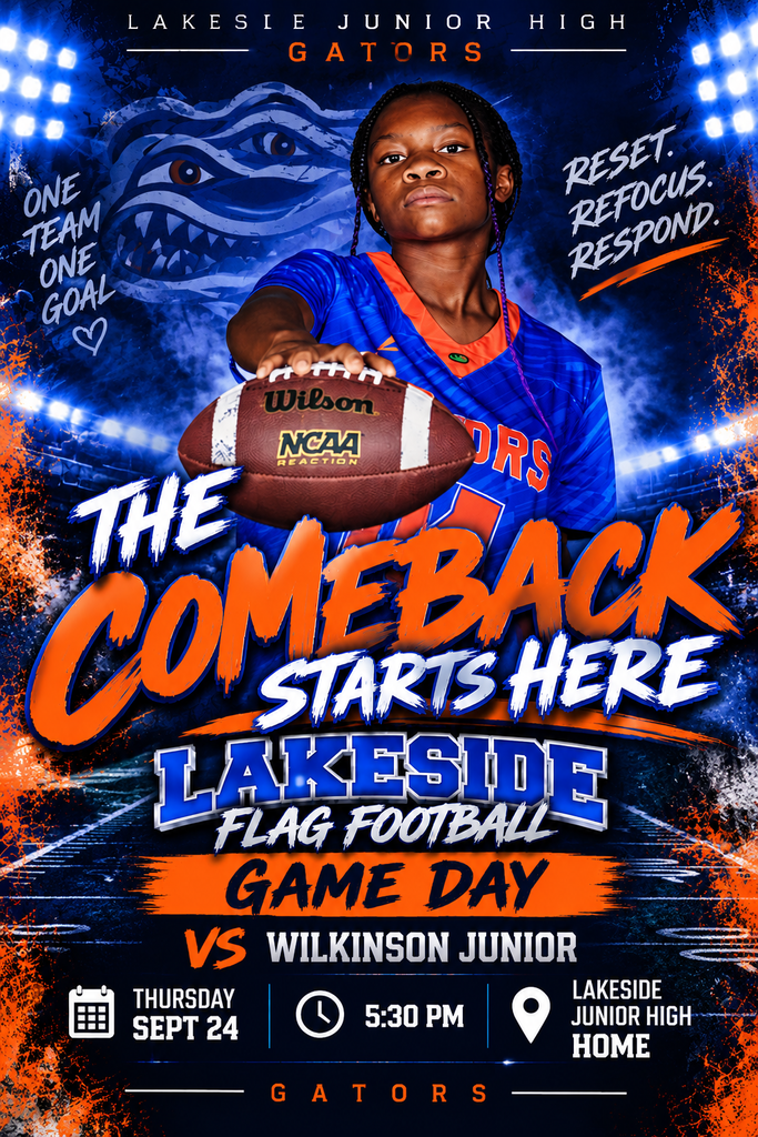 Lakeside Junior High Gators poster for a flag football game day against Wilkinson Junior. Date: Sept 24, Time: 5:30 PM, Location: Lakeside Junior High.