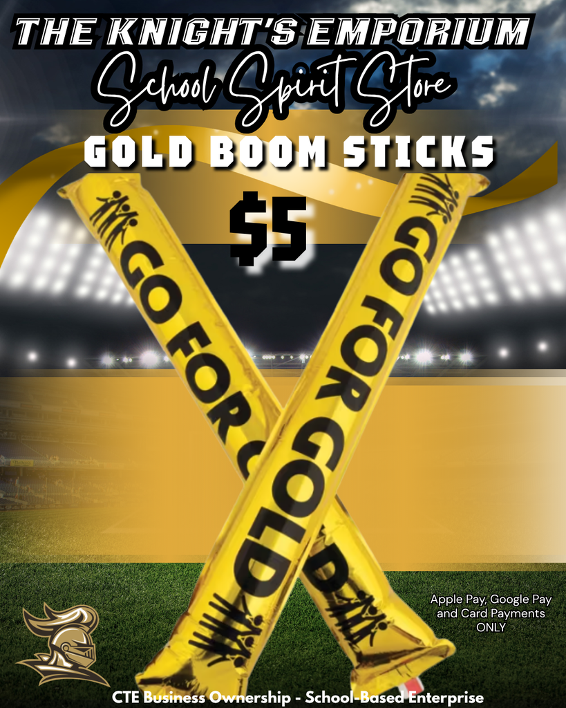 An advertisement shows gold and black "GO FOR GOLD" boom sticks crossed over a sports field.