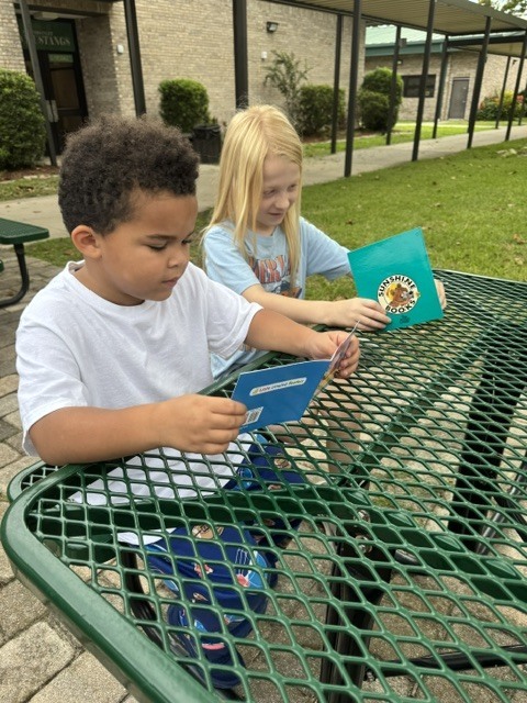 Two children, a boy and a girl, sit at a picnic table with a green background, examining colorful cards.