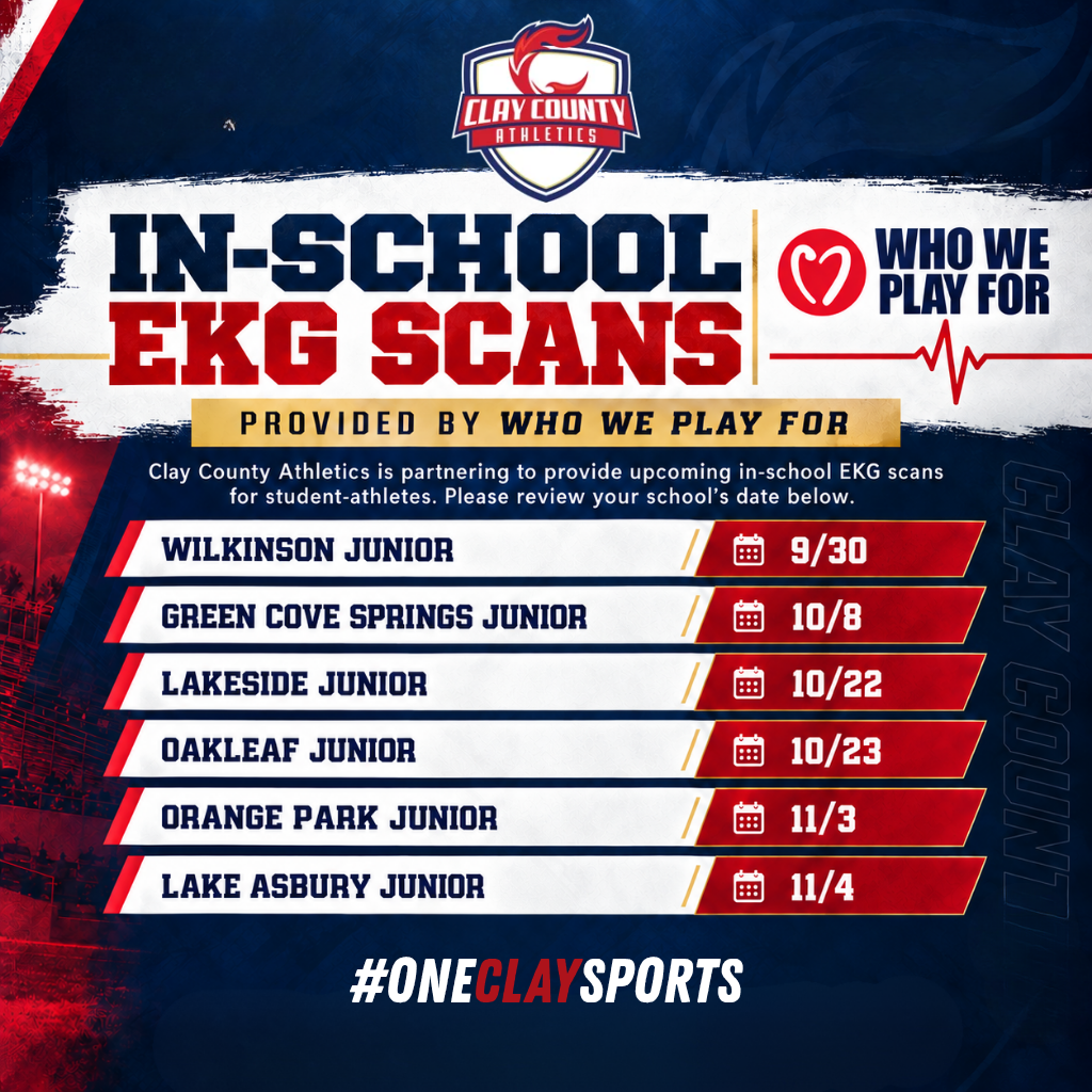 Sports event poster with "In-School EKG Scans" text, a heart icon, and a table listing schools and dates.