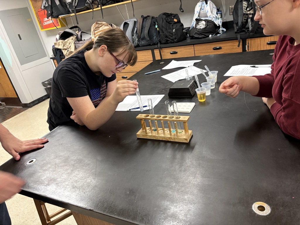 Two students conduct a lab experiment with test tubes, beakers, and a science station in a classroom.