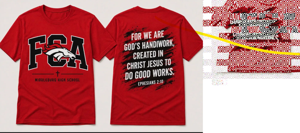 Two red shirts display text and the FCA logo. One side has "FCA" in large letters and text. The other side has more text.