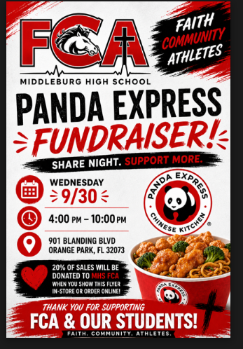 Poster with Panda Express logo, red and white text. Date, time, and location information. Image of food.