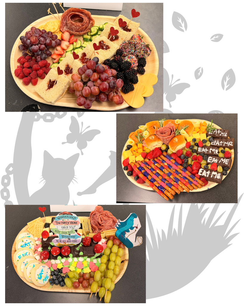 Three images of a food platter. Each image features an assortment of fruits, desserts, and other snacks.