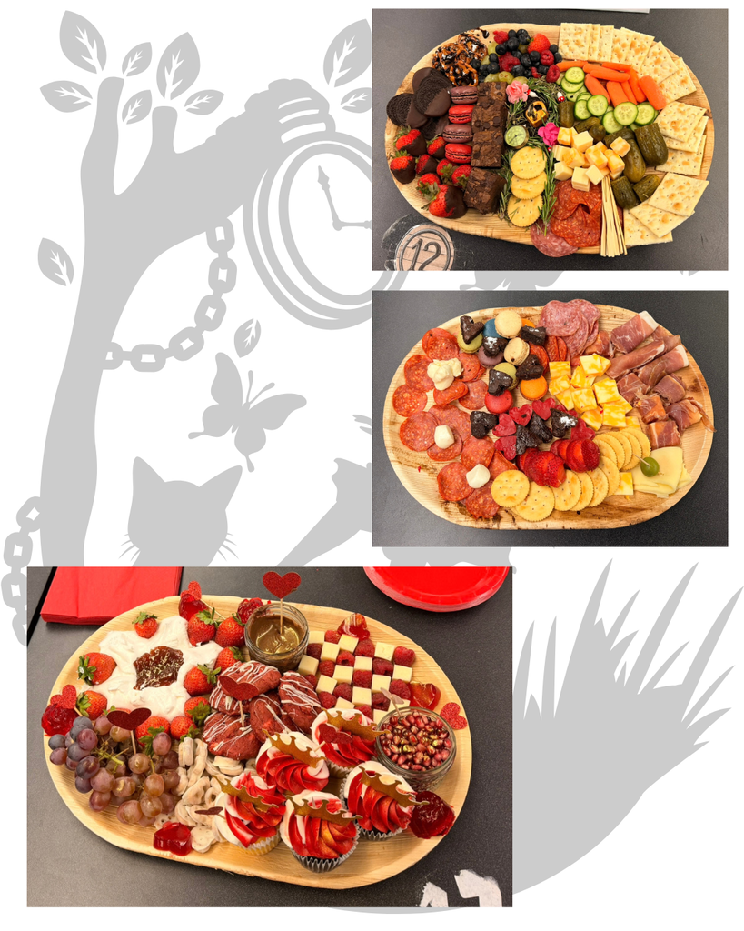 Three wooden boards with food items. A tree, butterfly, and cat in the background.