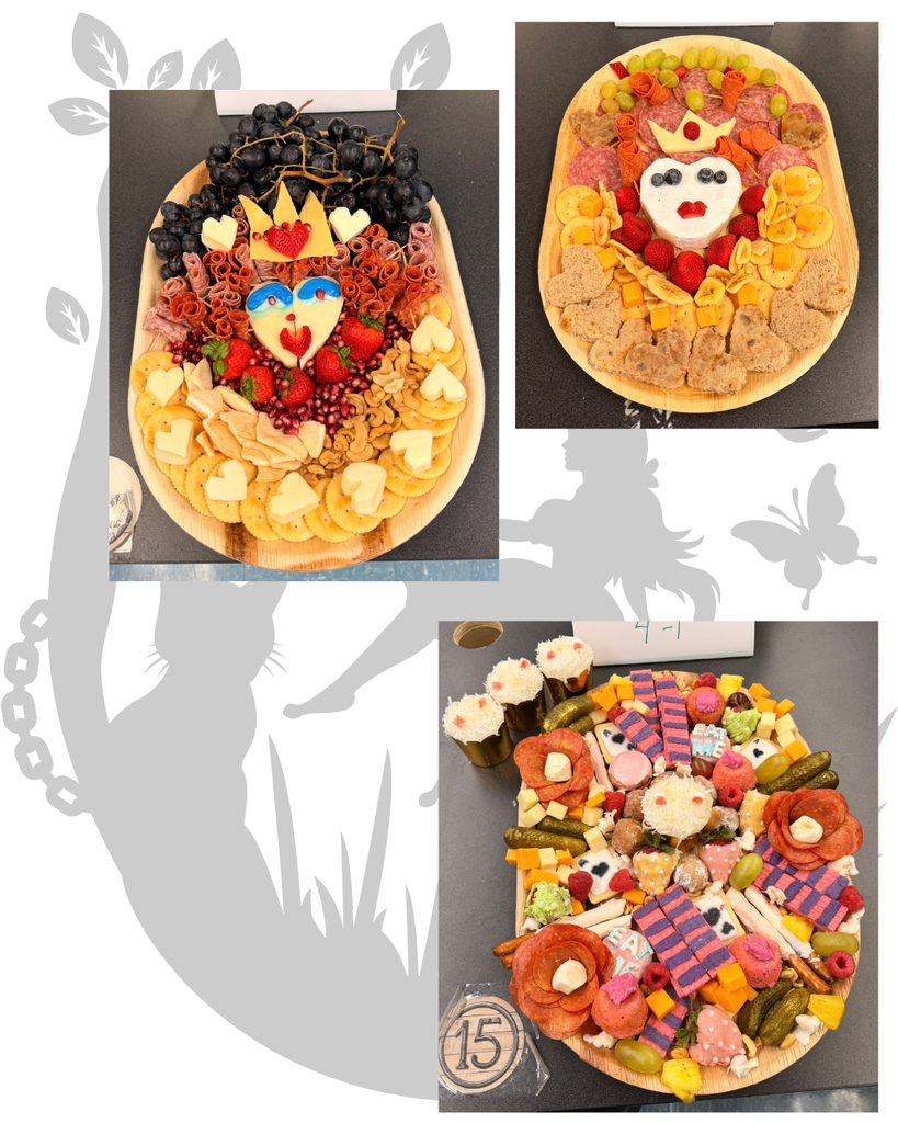 Three large platters with food arranged as a face, flowers, and cupcakes with faces. Background contains trees and butterflies.