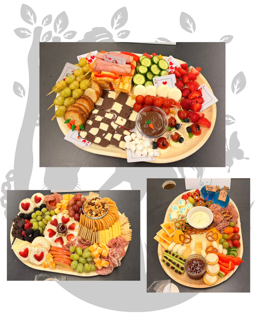 Three displays of food on trays: one with fruits, vegetables, cheese, and meat; another with various cheeses, crackers, and dips; the last with mixed fruits and vegetables.