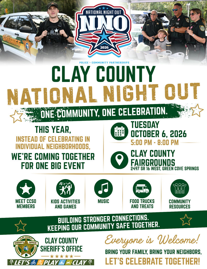 Poster for Clay County National Night Out event. It features police officers, a police car, and a community celebration on October 6, 2026.