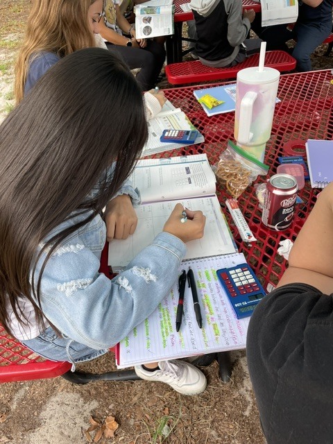 A student sits at a picnic table outdoors, working on schoolwork with a calculator and pens.