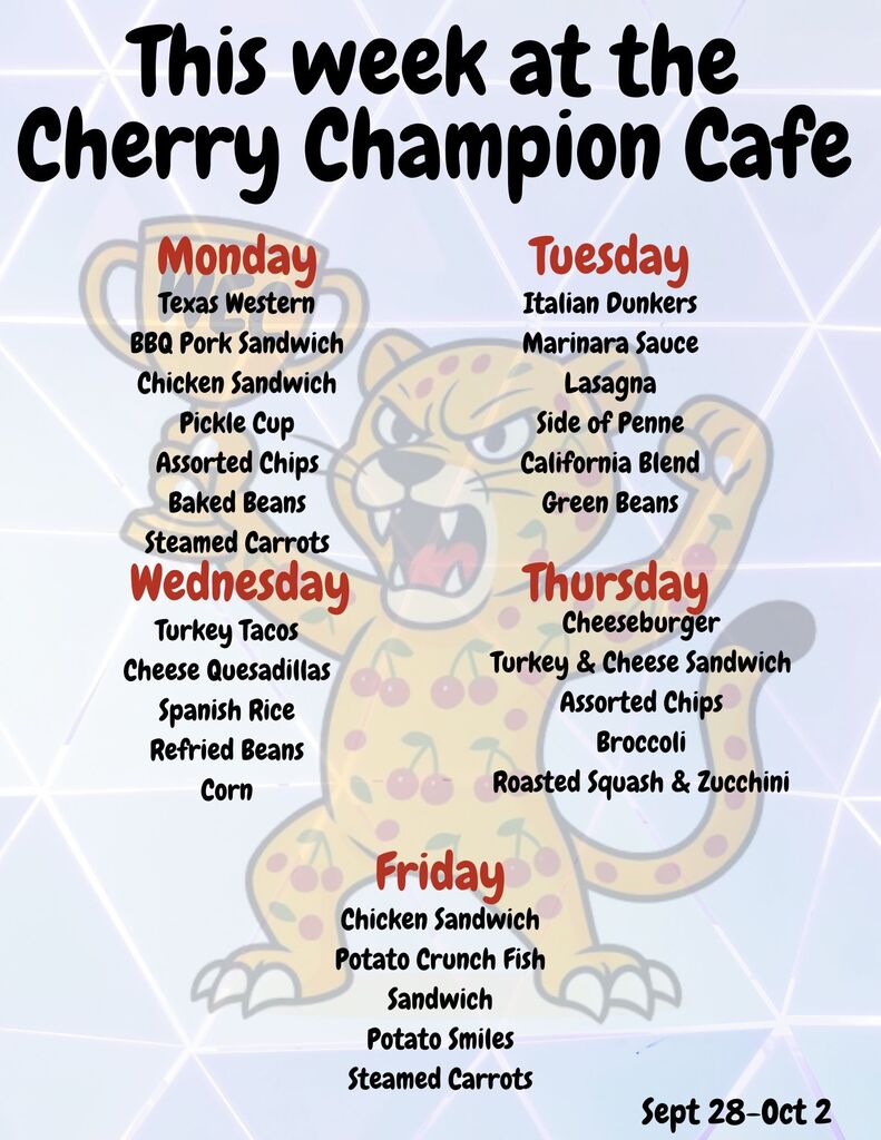 Weekly menu for Cherry Champion Cafe. Items listed for each day, Monday to Friday. Background has a leopard-print pattern.